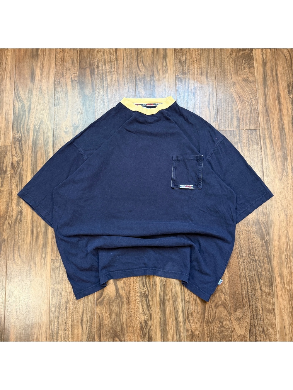 Vintage 90s Vintage Mecca T Shirt Mens Large Navy Blue Yellow Pocket Tee Y2K